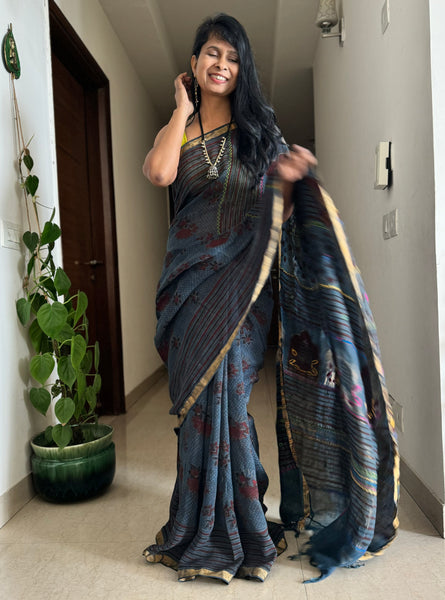 Ajrakh Block Printed Handwoven Linen Saree with Embroidery