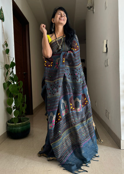 Ajrakh Block Printed Handwoven Linen Saree with Embroidery