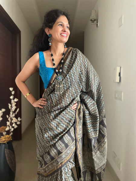 Ajrakh naturally dyed cotton silk saree