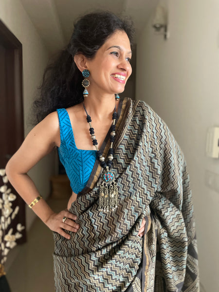 Ajrakh naturally dyed cotton silk saree