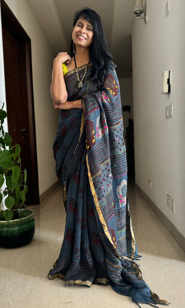 Ajrakh Block Printed Handwoven Linen Saree with Embroidery
