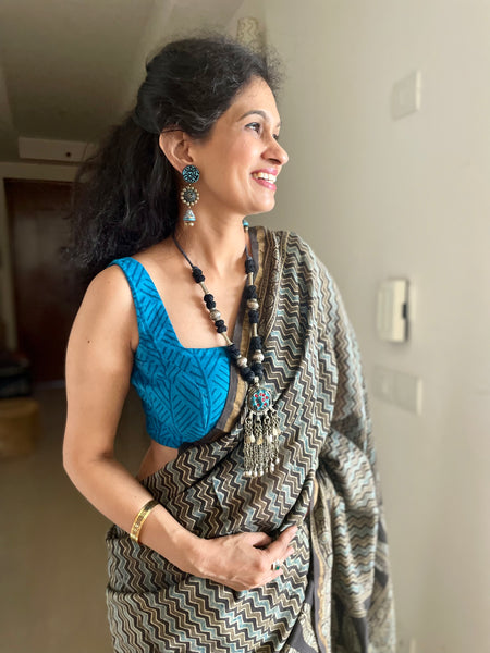 Ajrakh naturally dyed cotton silk saree