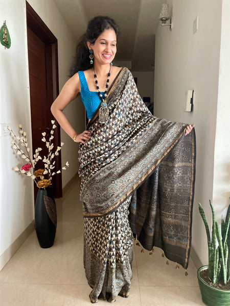 Ajrakh naturally dyed cotton silk saree