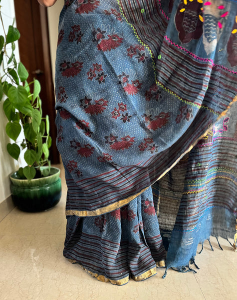 Ajrakh Block Printed Handwoven Linen Saree with Embroidery