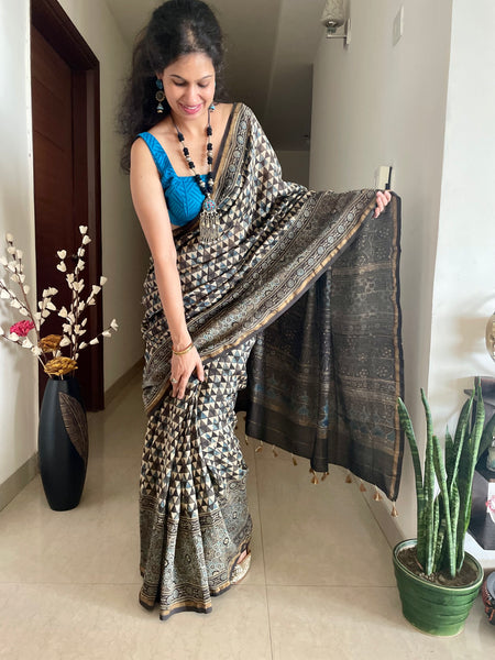 Ajrakh naturally dyed cotton silk saree