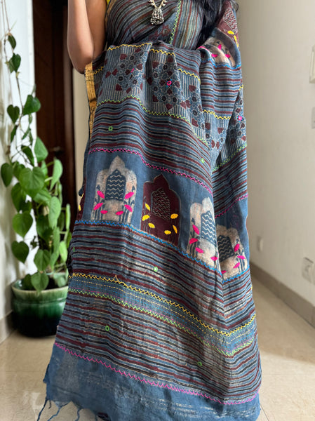 Ajrakh Block Printed Handwoven Linen Saree with Embroidery