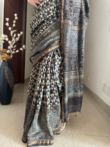 Ajrakh naturally dyed cotton silk saree