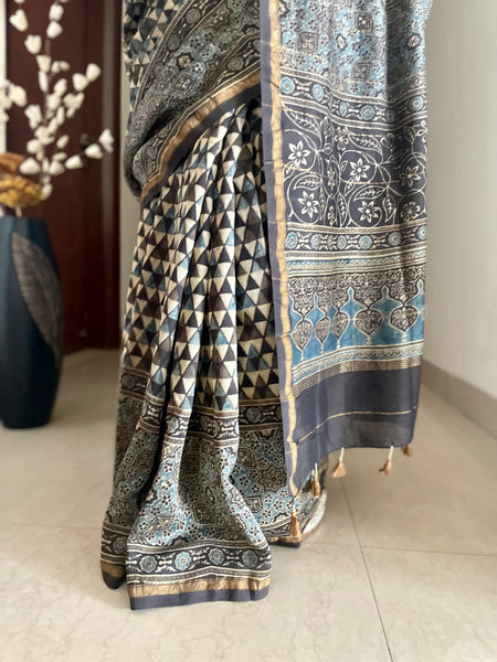 Ajrakh naturally dyed cotton silk saree