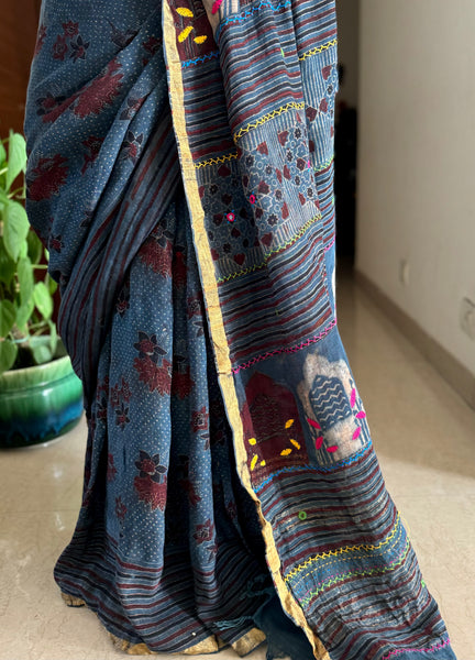 Ajrakh Block Printed Handwoven Linen Saree with Embroidery