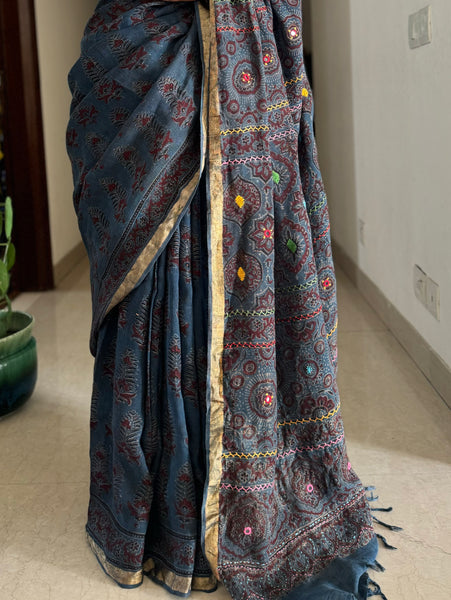 Ajrakh Block Printed Handwoven Linen Saree with Embroidery
