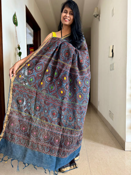 Ajrakh Block Printed Handwoven Linen Saree with Embroidery