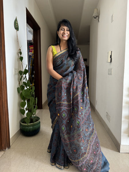 Ajrakh Block Printed Handwoven Linen Saree with Embroidery