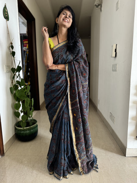 Ajrakh Block Printed Handwoven Linen Saree with Embroidery