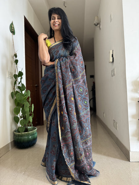 Ajrakh Block Printed Handwoven Linen Saree with Embroidery