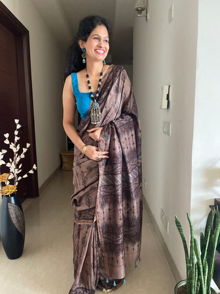 Ajrakh naturally dyed cotton silk saree