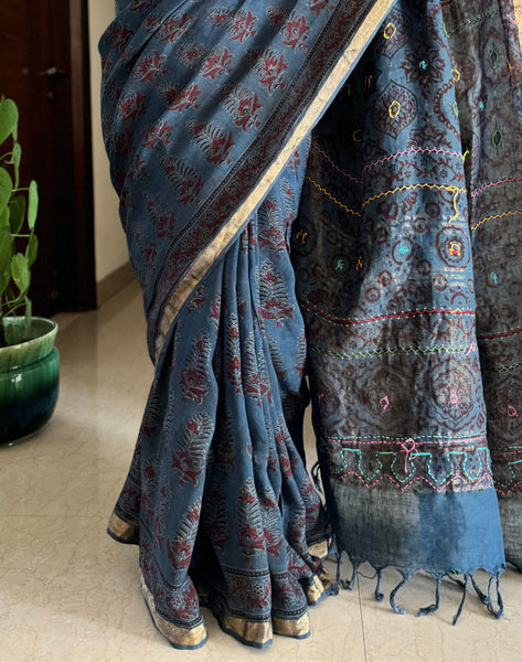 Ajrakh Block Printed Handwoven Linen Saree with Embroidery