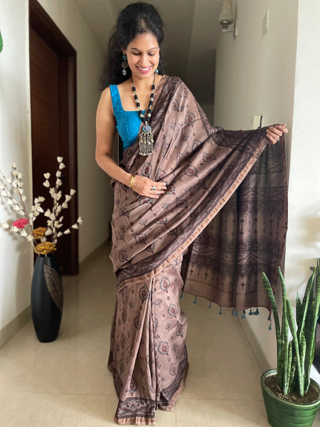 Ajrakh naturally dyed cotton silk saree