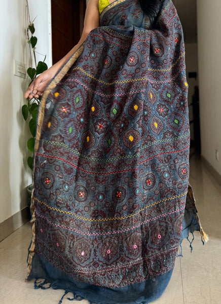 Ajrakh Block Printed Handwoven Linen Saree with Embroidery