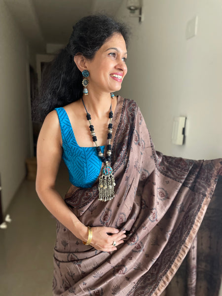 Ajrakh naturally dyed cotton silk saree