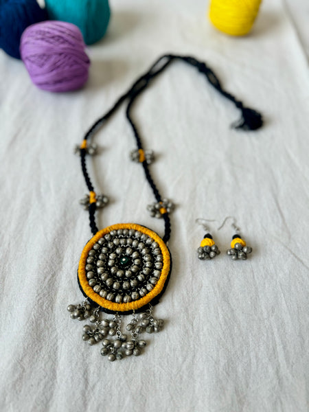 Yellow Handcrafted Embroidered long necklace and earrings