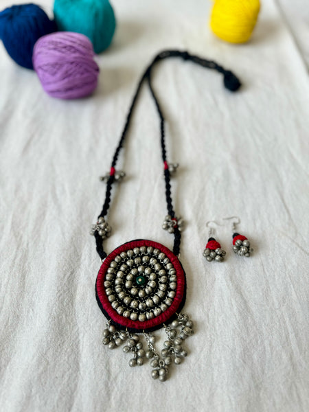 Red Handcrafted Embroidered long necklace and earrings