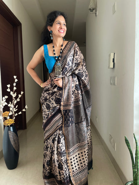 Ajrakh naturally dyed cotton silk saree