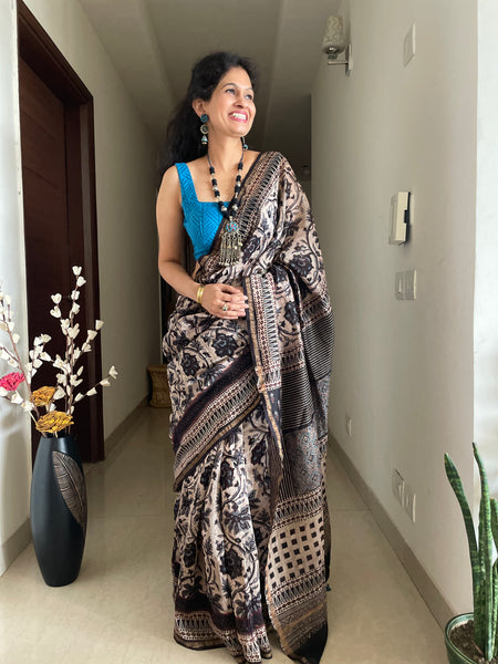 Ajrakh naturally dyed cotton silk saree