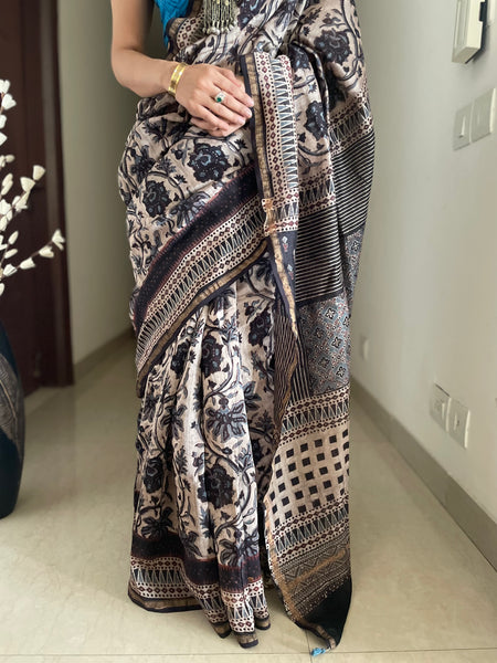 Ajrakh naturally dyed cotton silk saree