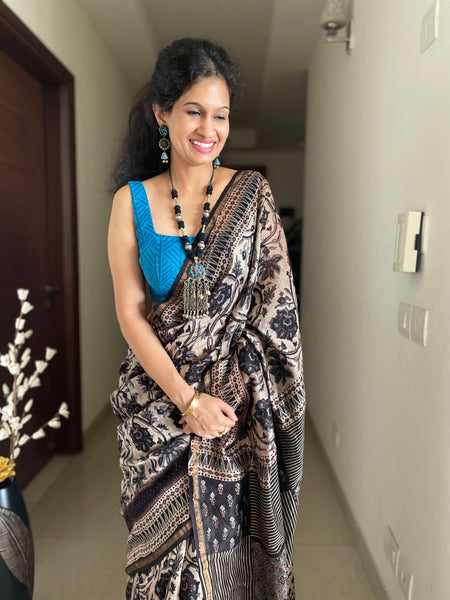 Ajrakh naturally dyed cotton silk saree