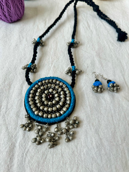 Blue Handcrafted Embroidered long necklace and earrings