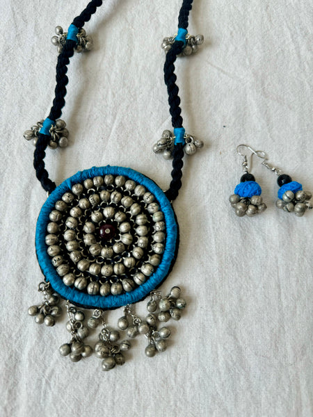 Blue Handcrafted Embroidered long necklace and earrings