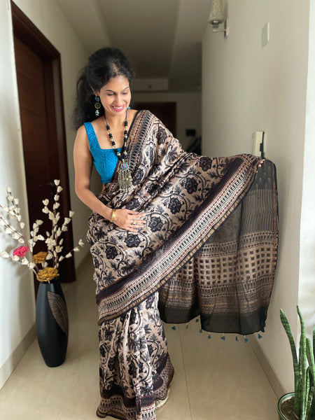 Ajrakh naturally dyed cotton silk saree