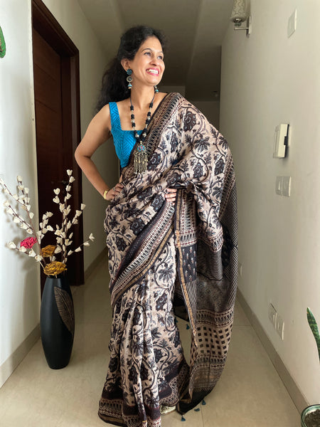 Ajrakh naturally dyed cotton silk saree