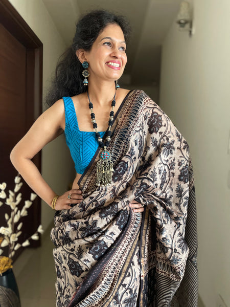 Ajrakh naturally dyed cotton silk saree
