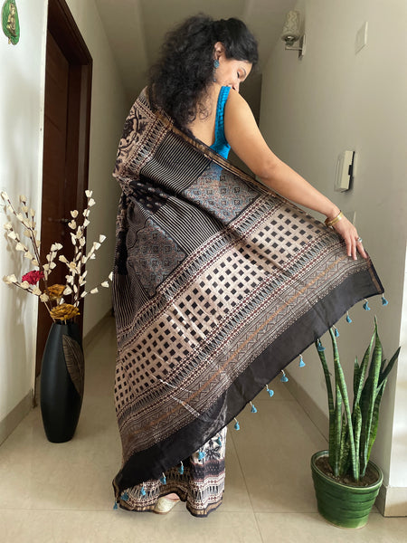 Ajrakh naturally dyed cotton silk saree