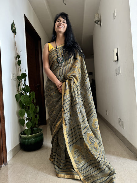 Ajrakh Block Printed Handwoven Linen Saree
