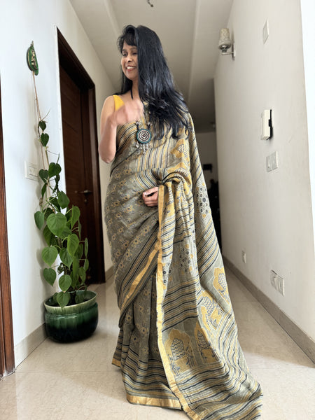 Ajrakh Block Printed Handwoven Linen Saree