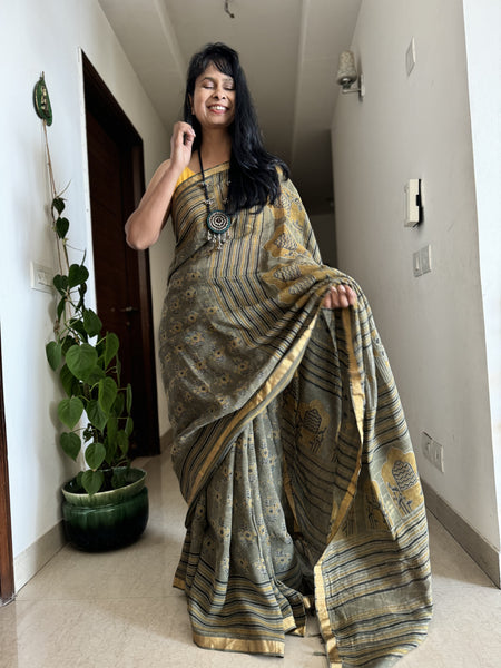 Ajrakh Block Printed Handwoven Linen Saree