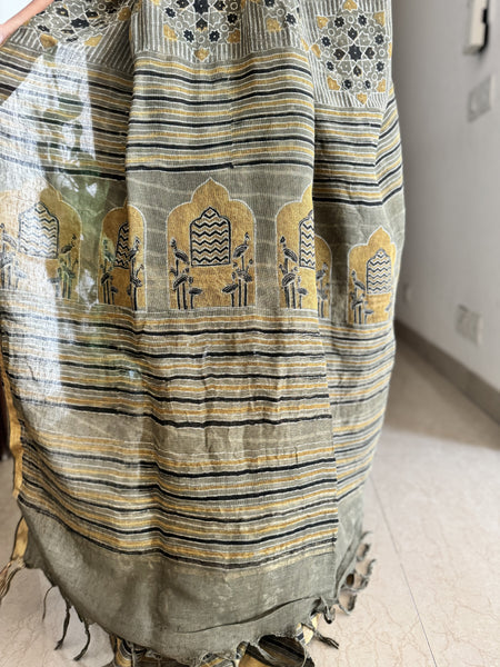 Ajrakh Block Printed Handwoven Linen Saree