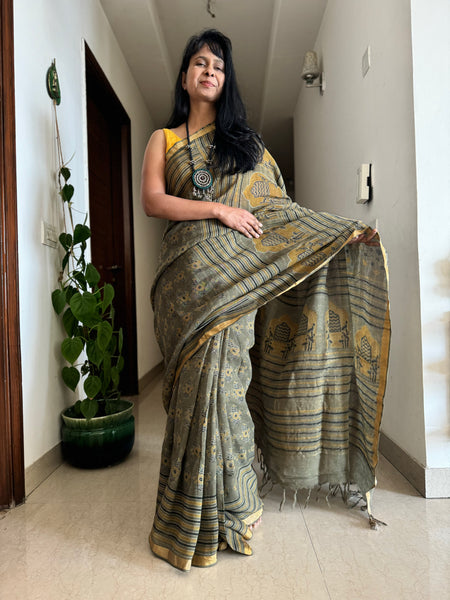 Ajrakh Block Printed Handwoven Linen Saree
