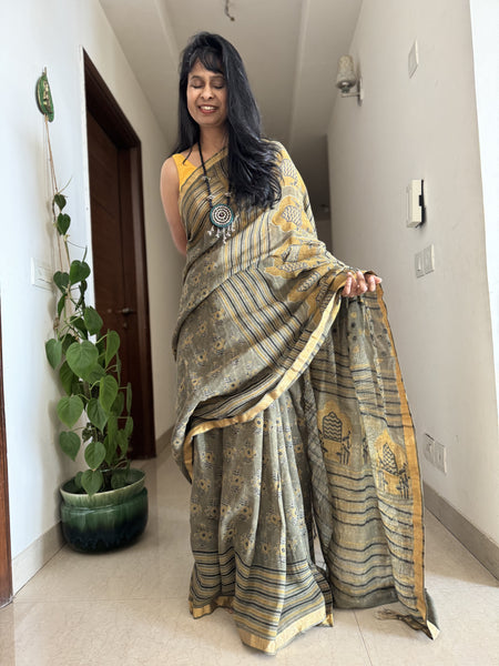 Ajrakh Block Printed Handwoven Linen Saree