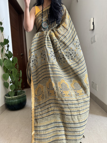 Ajrakh Block Printed Handwoven Linen Saree