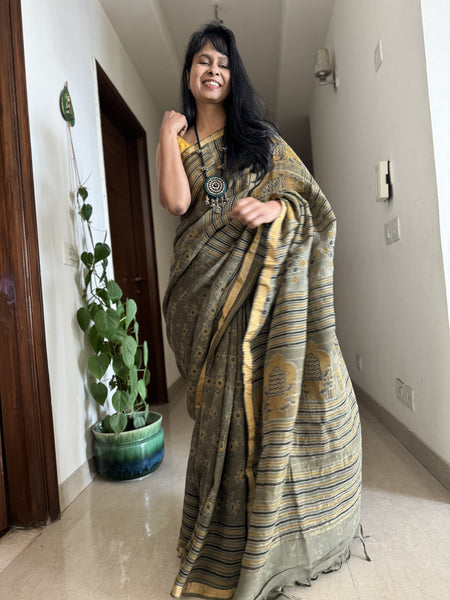 Ajrakh Block Printed Handwoven Linen Saree