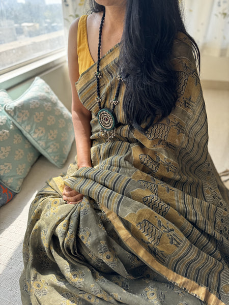 Ajrakh Block Printed Handwoven Linen Saree