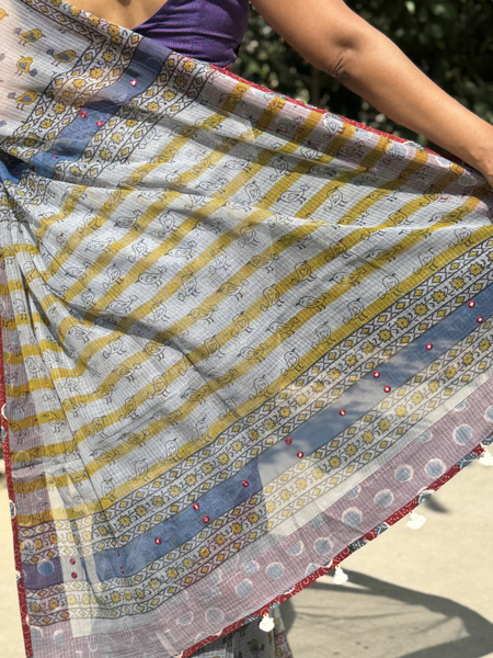 Embroidered pallu & patchwork border- kota doria saree
