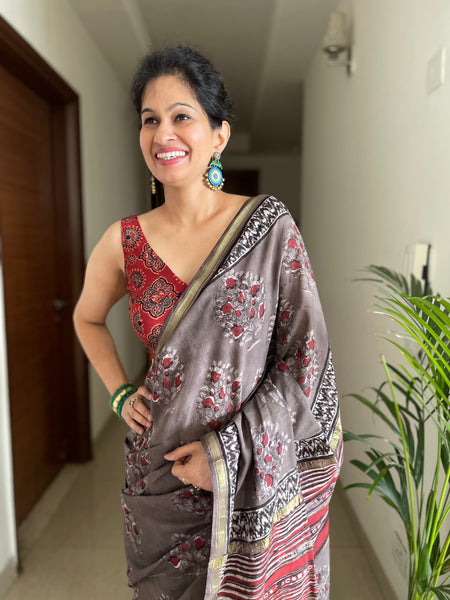 Cotton hand block printed saree with zari border