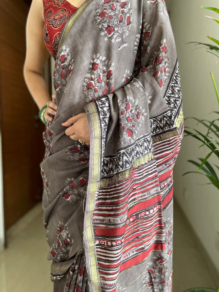 Cotton hand block printed saree with zari border