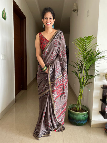 Cotton hand block printed saree with zari border
