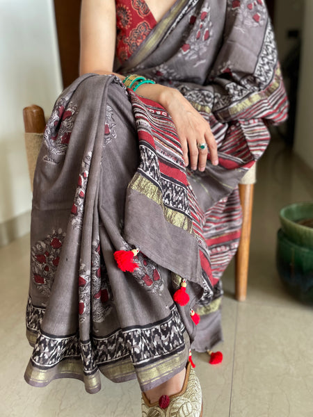 Cotton hand block printed saree with zari border