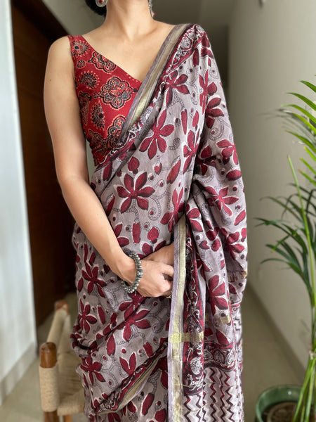 Cotton hand block printed saree with zari border